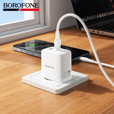 мережевий зарядний пристрій borofone bn30 1usb/18w/qc3.0 + 1type-c/45w/pd + (type-c - type-c) (білий) 