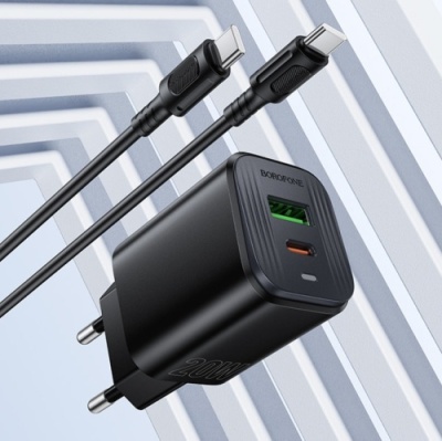 мережевий зарядний пристрій borofone bas83a pd20w + qc3.0 (1usb/1type-c/3a) + type-c - type-c (чорний) 