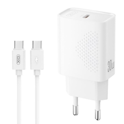 мережевий зарядний пристрій xo l162 1type-c/30w/pd + (type-c - type-c) (бiлий) 