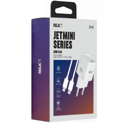 мережевий зарядний пристрій relict jetmini gan 30w/1 usb-c+ type-c cable (rcjmgn30-c1w+t) white 