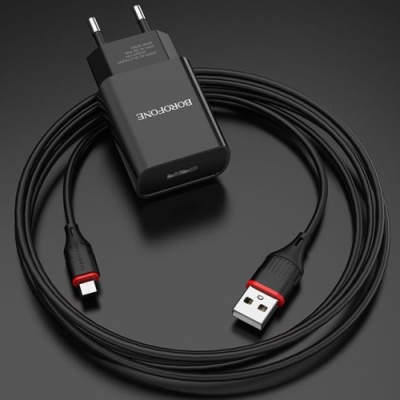 мережевий зарядний пристрій borofone ba20a 1usb/2.1a + (usb - microusb) (чорний) 
