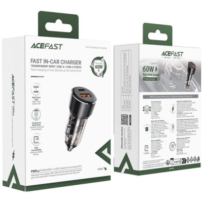 Автомобільний Зарядний Пристрій Acefast B12 PD + QC 3.0 (1 Type-C/1 USB/3A/60W) (чорний)