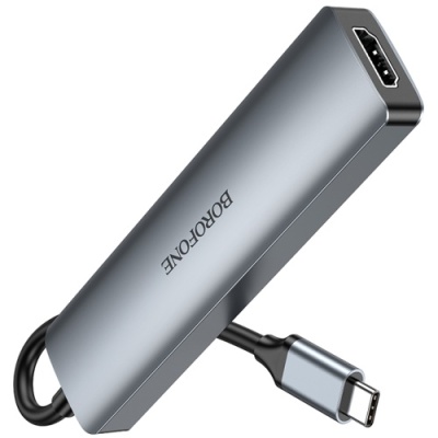 usb hub borofone dh15 6-in-1 type-c to hdmi+pd+usb3.0+usb2.0+sd+tf(l=0.15m) (сiрий) 