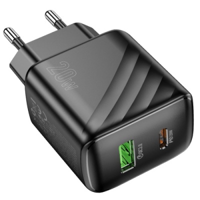 мережевий зарядний пристрій hoco cs25a 1usb/18w/qc3.0 + 1type-c/20w/pd (чорний) 
