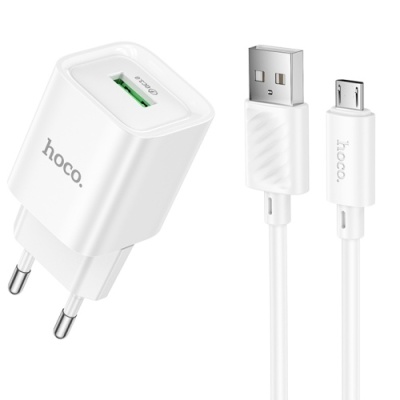 мережевий зарядний пристрій hoco c145a 1usb/18w/qc3.0 + (usb - microusb) (білий) 