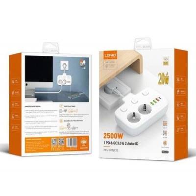 мережевий подовжувач ldnio se2435 2 eu ports /1 pd/1 qc/2 auto id (білий) 