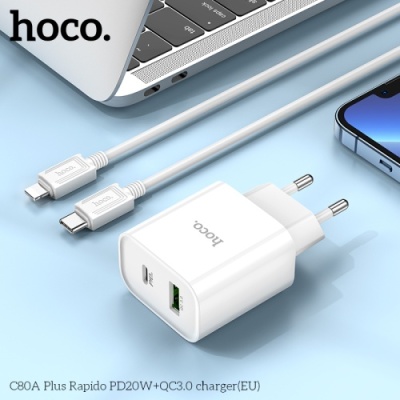 мережевий зарядний пристрій hoco c80a plus 1usb/18w/qc3.0 + 1type-c/20w/pd (білий) 
