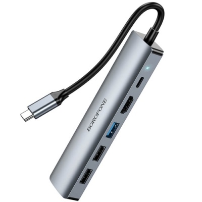usb hub borofone dh16 6-в-1 type-c to hdmi+pd+usb3.0+usb2.0*2+rj45(l=0.15m) (сірий) 