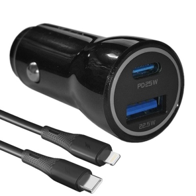 Автомобільний Зарядний Пристрій Ridea RCC-30115 QPow 1USB/1USB-C PD/QC 30W+Type-C to Lightning (Чорний)