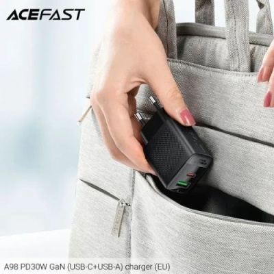 мережевий зарядний пристрій acefast a98 pd30w+qc 3.0 (1type-c/usb/3a) (чорний) 