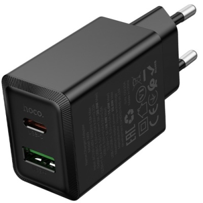 мережевий зарядний пристрій hoco n69 1usb/18w/qc3.0 + 1type-c/20w/pd (чорний) 