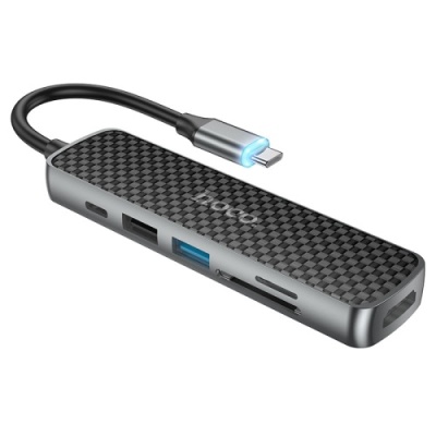 usb hub hoco hb24 easy display type-c multi-f adapter (hdmi+usb3.0+usb2.0+sd+tf+pd) metal gray 