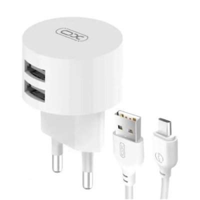 мережевий зарядний пристрій xo l62 2usb/2.4a + (usb - type-c) (білий) 