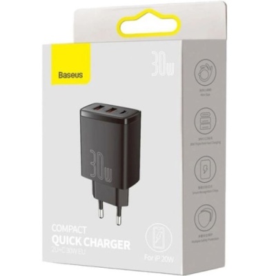 мережевий зарядний пристрій baseus compact quick charger (ccxj-e01) 2usb/18w/qc3.0 + 1type-c/30w/pd (чорний) 