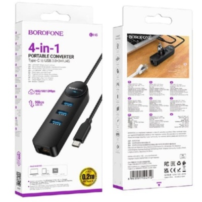 usb hub borofone dh6 (usb to usb3.0+usb3.0*3+rj45) 0,2м - чорний 