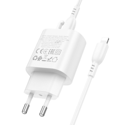 мережевий зарядний пристрій borofone ba82a power 1type-c/25w/pd + (type-c - lightning) (білий) 