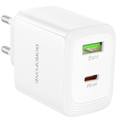 мережевий зарядний пристрій borofone bn30 1usb/18w/qc3.0 + 1type-c/45w/pd (білий) 