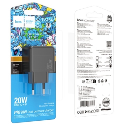 мережевий зарядний пристрій hoco cs16a 1lightning + 1type-c/20w/pd (чорний) 
