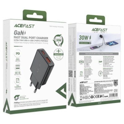 мережевий зарядний пристрій acefast a69 pd30w (1type-c/1usb) (чорний) 