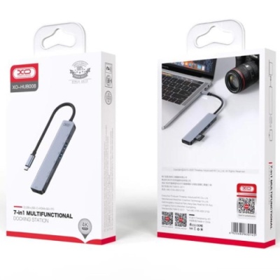 usb hub адаптер xo-hub008 type-c to usb+hdmi+sd+microsd pd 100w 7 in 1 (чорний) 