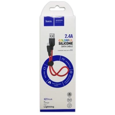 кабель hoco x21 plus silicone usb - lightning 2.4a/0.25m (чорно-червоний) 