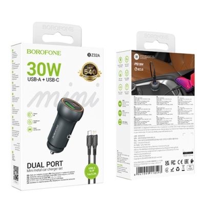 Автомобільний Зарядний Пристрій Borofone BZ32A 30W 1Type-C/30W/PD + 1USB/18W/QC3.0 + (Type-C - Lightning) (Сірий)