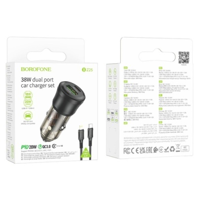 Автомобільний Зарядний Пристрій Borofone BZ25 38W 1USB/18W/QC3.0 + 1Type-C/20W/PD + (Type-C - Lightning) (Прозоро-Чорний)