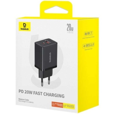 мережевий зарядний пристрій baseus cube fast charger eu (p10111403113-00) 1usb/18w/qc3.0 + 1type-c/20w/pd (чорний) 