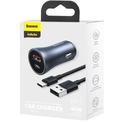 Автомобільний Зарядний Пристрій Baseus Golden Contactor Pro 40W (TZCCJD-0G) 1USB/20W/QC4.0 + 1Type-C/20W/PD + (USB - Type-C) 1m (dark gray)