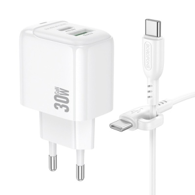 мережевий зарядний пристрій borofone bas45a 1usb/18w/qc3.0 + 1type-c/30w/pd + (type-c - type-c) (білий) 