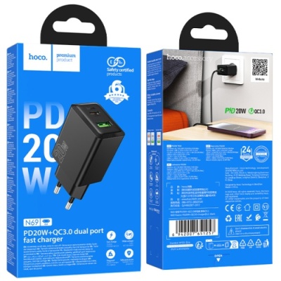 мережевий зарядний пристрій hoco n69 1usb/18w/qc3.0 + 1type-c/20w/pd (чорний) 