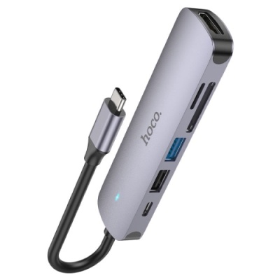 usb hub hoco hb28 type-c multi-function converter (hdtv+usb3.0+usb2.0+sd+tf+pd) (металево-сірий) 