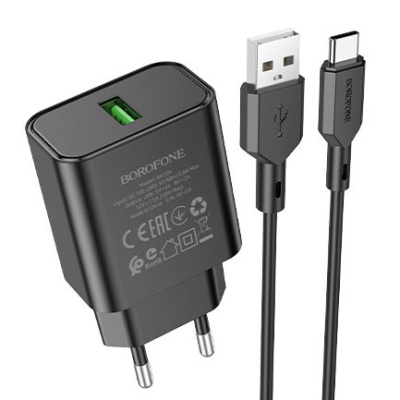 мережевий зарядний пристрій borofone ba72a spring 1usb/18w/qc3.0 + (usb - type-c) (чорний) 