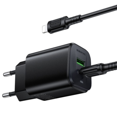 мережевий зарядний пристрій borofone bas83a pd20w + qc3.0 (1usb/1type-c/3a) + type-c - lightning (чорний) 