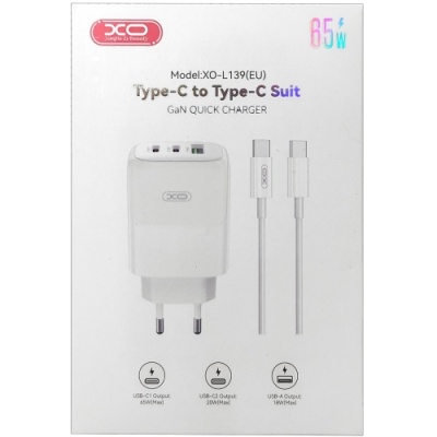 мережевий зарядний пристрій xo l139 1usb/18w/qc3.0 + 2type-c/65w/pd + (type-c - type-c) (бiлий) 