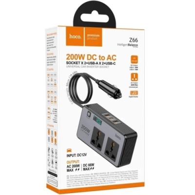Автомобільний подовжувач DC to AC Hoco Z66 PD66W (2USB/1Type-C/2xSocket/12V/AC200W) (чорний)
