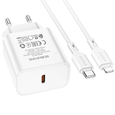 мережевий зарядний пристрій borofone ba71a power 1type-c/20w/pd + (type-c - lightning) (білий) 