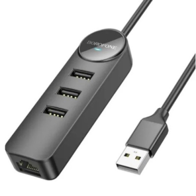 usb hub borofone dh6 (usb to usb2.0*3+rj45) 1,2м - чорний 