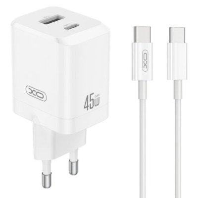 мережевий зарядний пристрій xo ce36 gan 1usb/18w/qc3.0 + 1type-c/45w/pd + (type-c - type-c) (бiлий) 
