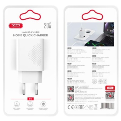 мережевий зарядний пристрій xo l161 1usb/18w/qc3.0 + 1type-c/20w/pd (бiлий) 
