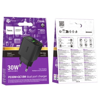 мережевий зарядний пристрій hoco cs84a 1usb/18w/qc3.0 + 1type-c/30w/pd (чорний) 