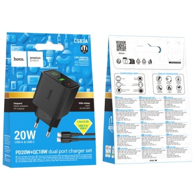 мережевий зарядний пристрій hoco cs83a 1usb/18w/qc3.0 + 1type-c/20w/pd + (type-c - type-c) (чорний) 