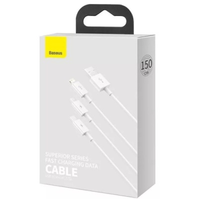 кабель baseus superior series fast charging 3in1 usb - (lightning+microusb+type-c) (camltys-02) 3.5a/1.5m (white) 