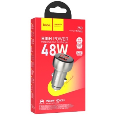 Автомобільний Зарядний Пристрій Hoco Z50 PD30W+QC3.0 (1Type-C/1USB/3A/48W) (сірий)