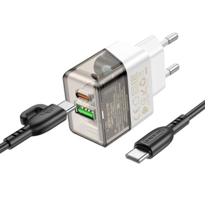 мережевий зарядний пристрій borofone ba80a 1usb/18w/qc3.0 + 1type-c/20w/pd + (type-c - type-c) (прозоро-чорний) 