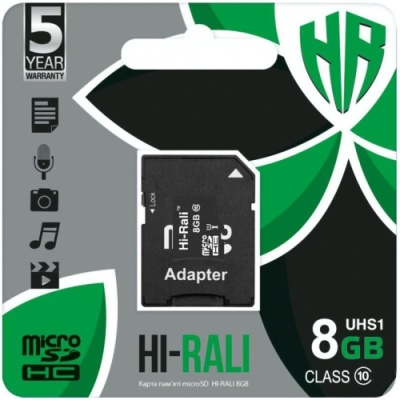 карта пам'яті hi rali microsdhc 8gb uhs-1 10 class + adapter (чорний) 