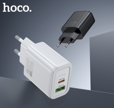 мережевий зарядний пристрій hoco n61 1usb/18w/qc3.0 + 1type-c/20w/pd (білий) 