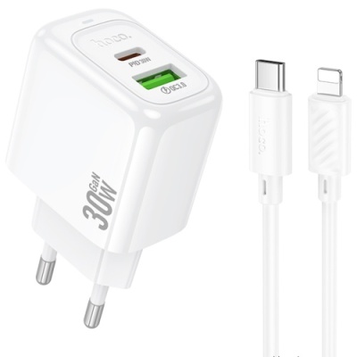 мережевий зарядний пристрій hoco cs55a 1usb/18w/qc3.0 + 1type-c/30w/pd + (type-c - lightning) (білий) 