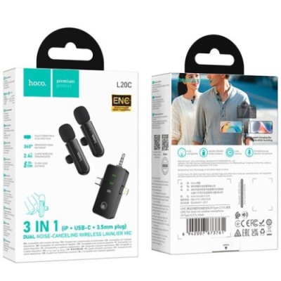 мікрофон петличний бездротовий hoco l20c type-c/lightning/3.5 mm (чорний) 