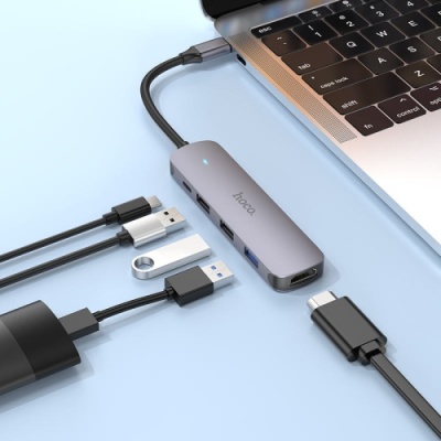 usb hub hoco hb27 type-c multi-function converter (hdtv+usb3.0+usb2.0*2+pd) (металево-сірий) 